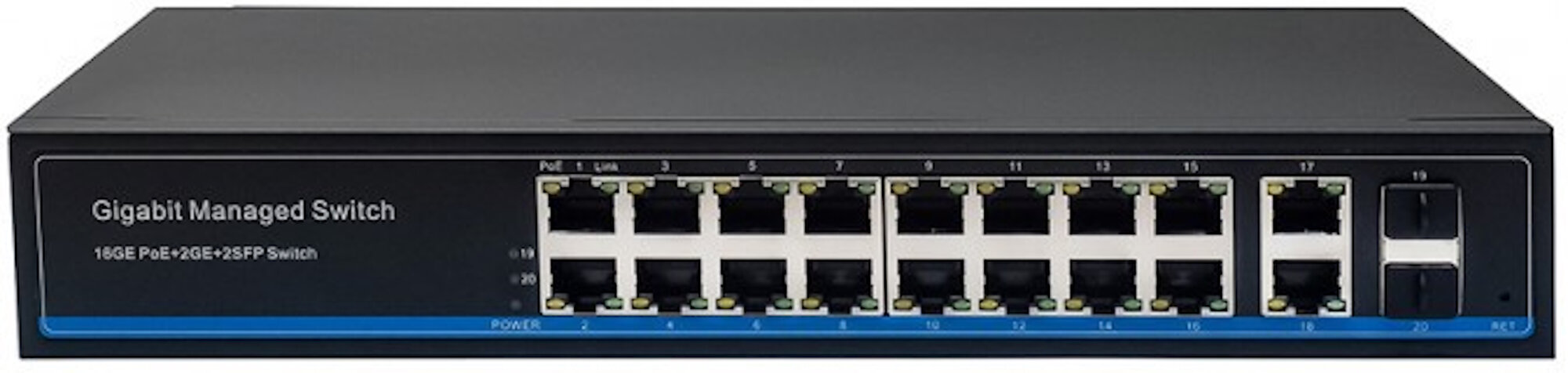 Управляемый L2 PoE коммутатор Gigabit Ethernet на 16 RJ45 PoE + 2 x RJ45 + 2 GE SFP портов. Порты: 16 x GE (10/100/1000 Base-T) с поддержкой PoE (IEEE