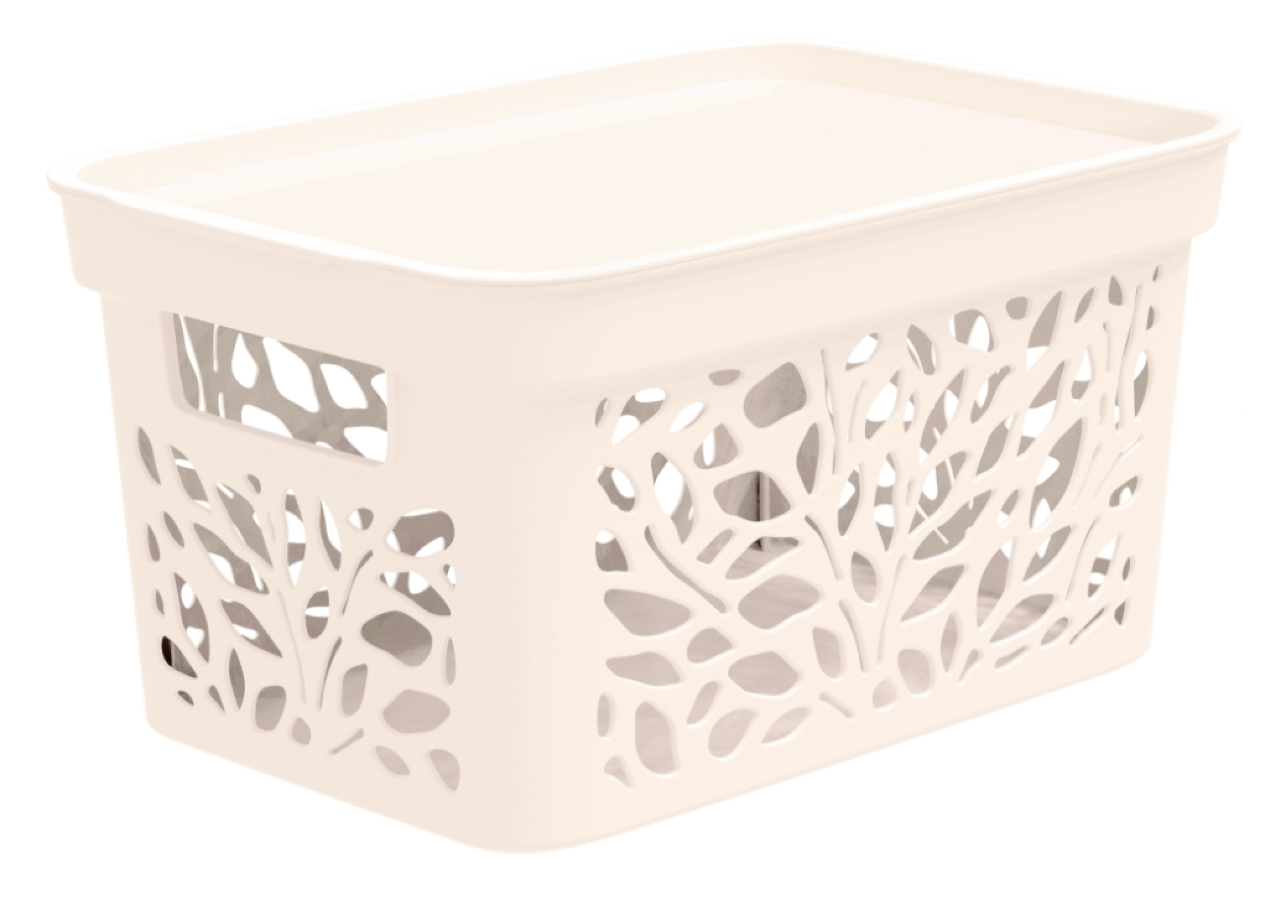 фото Корзина для хранения Полимербыт Leaves с крышкой прямоугольная пластик бежевый 333×225×174мм, объем 10л