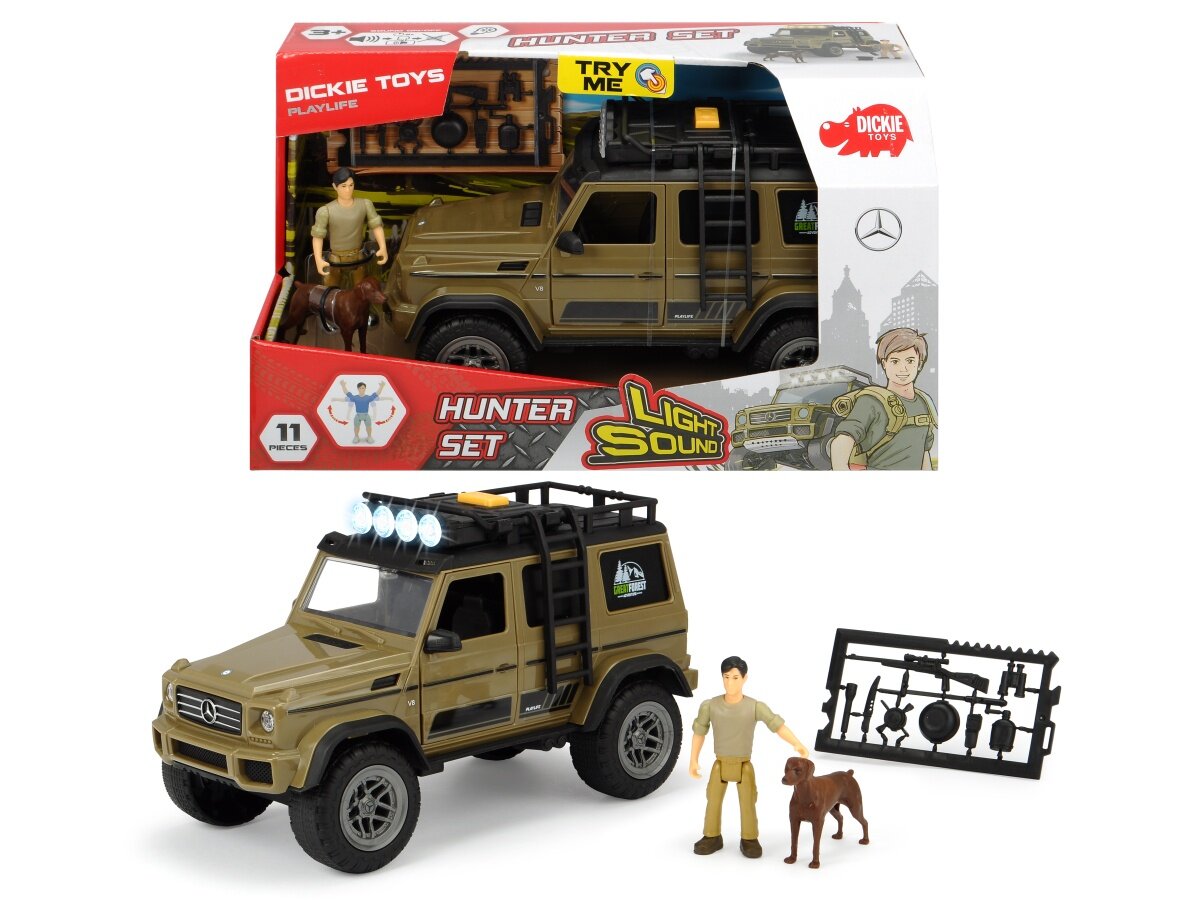 Набор с машинкой Dickie Toys Охотник, MB AMG 500 4х4 PlayLife, 23 см, свет, звук (3834002)