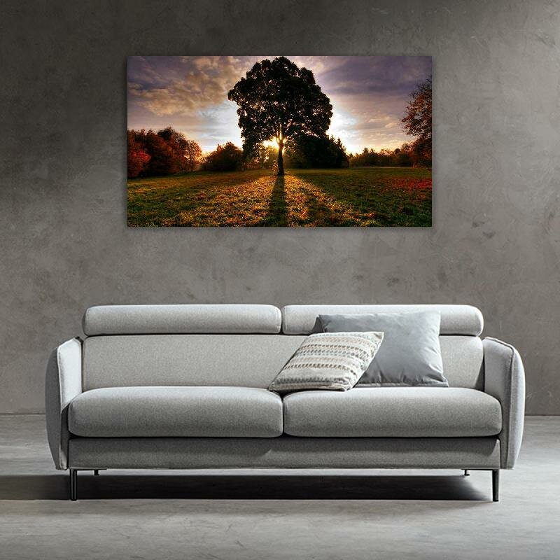 Картина на холсте 60x110 Альянс Лес "Дерево солнце тень поле осень" на подрамнике / интерьер/ декор