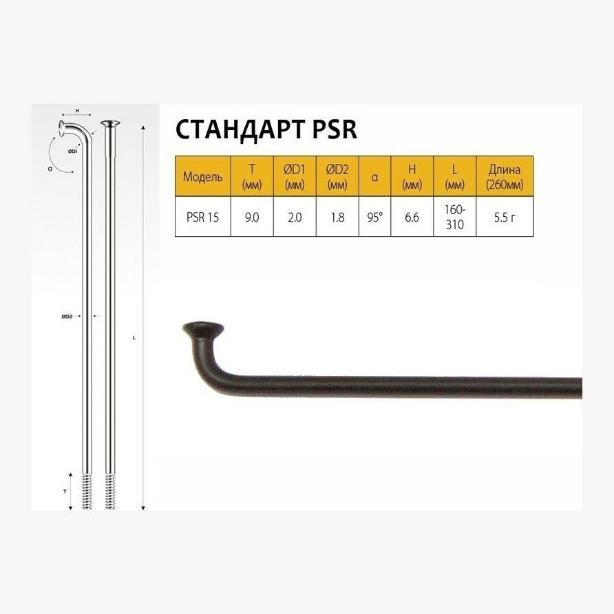 фото Набор из 36-ти спиц PILLAR PSR15, 15G, 2.0/1.8 x 285 мм, без ниппелей, нержавеющая сталь, черный