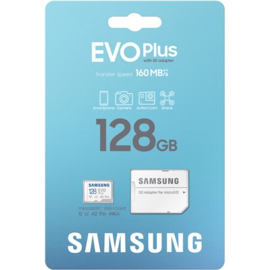 Карта памяти Samsung microSDXC 128Gb EVO Plus UHS-I U3 V30 A2 + ADP 160 Mb/s NEW