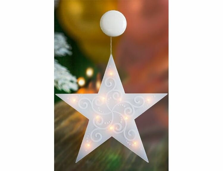 Светильник декоративный звезда с подсветкой 10 теплыми белыми LED - светодиодиодами, батарейки, таймер, на присоске, 25х30 см, SNOWHOUSE ST-10WW