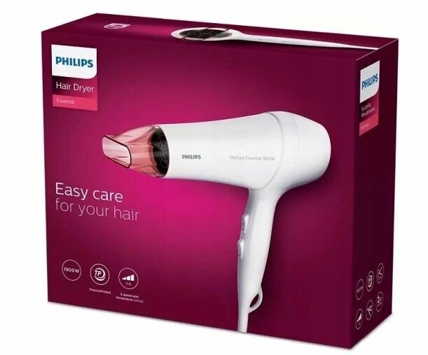 Фен Philips Essential BHD017/00 1800 Вт, белый - фотография № 2