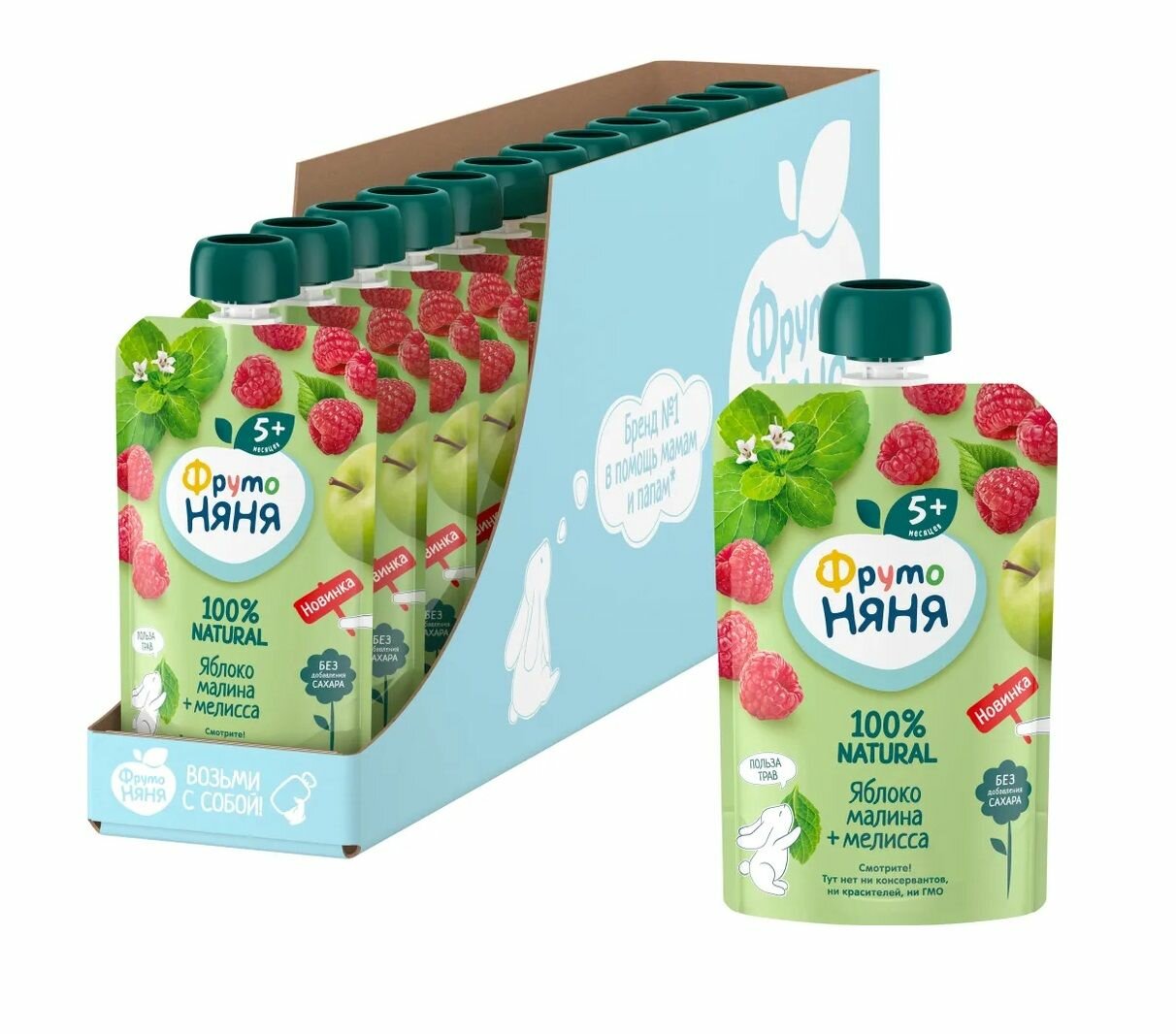 Пюре детское фруктовое ФрутоНяня из яблок, малины и мелиссы, 90 г 12 шт