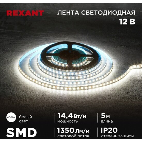 Светодиодная лента Rexant 12 В 5 м 8 мм IP20 SMD 2835 14.4 Вт/м 120 LED/м 4000 K (белый свет)