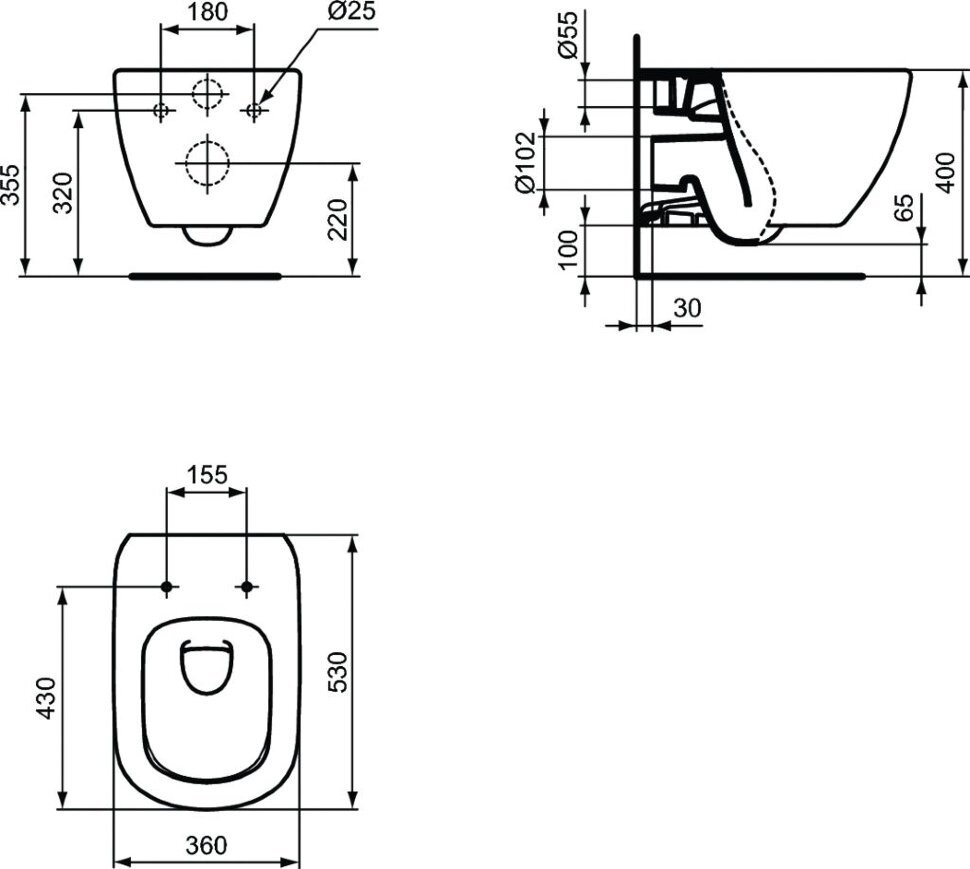 Чаша унитаза подвесная Ideal STANDARD Tesi T0079V1 с горизонтальным выпуском матовый