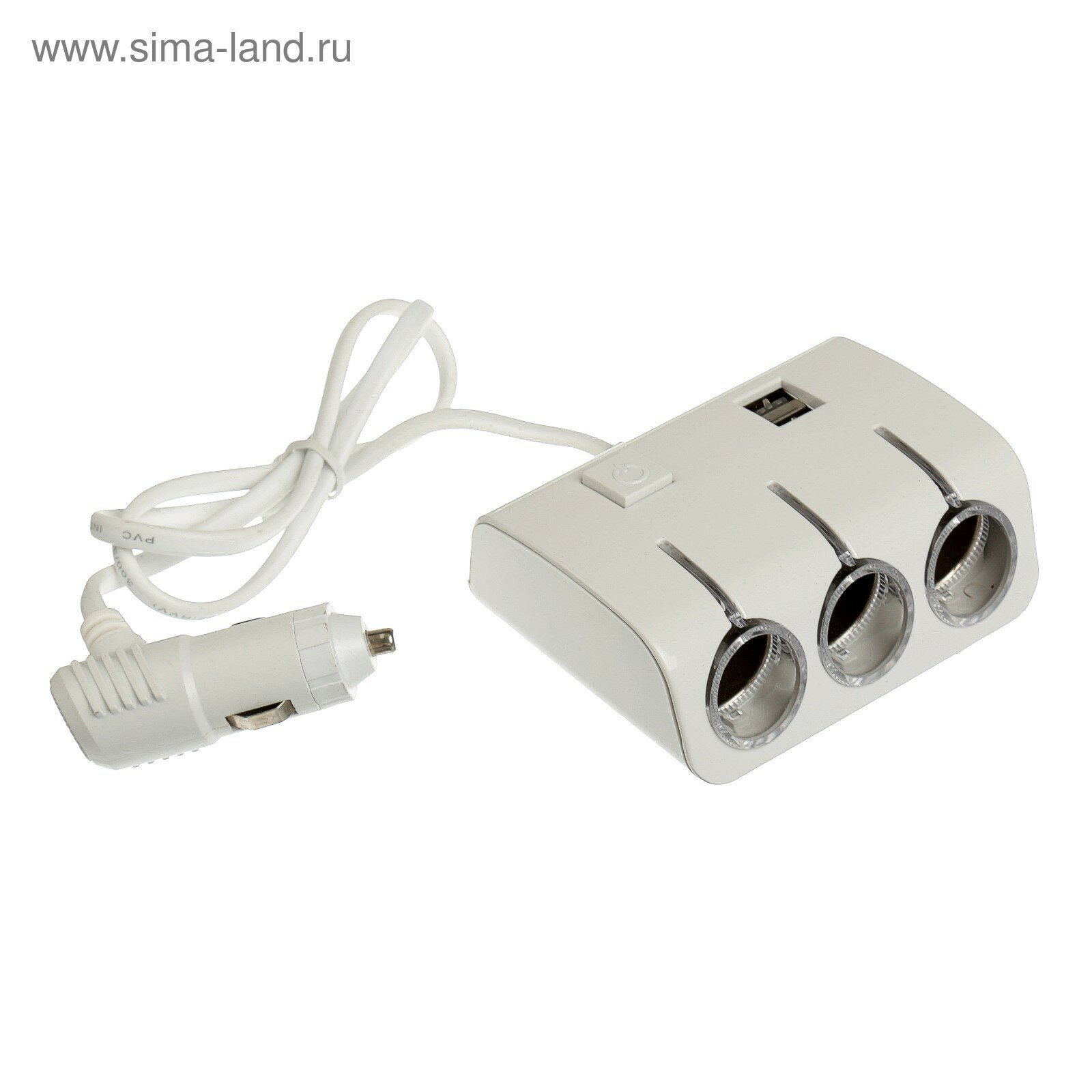 Разветвитель прикуривателя, 3 гнезда, 2 USB 1 А, 60 Вт, 12/24 В, подсветка, провод 70 см (1шт.)