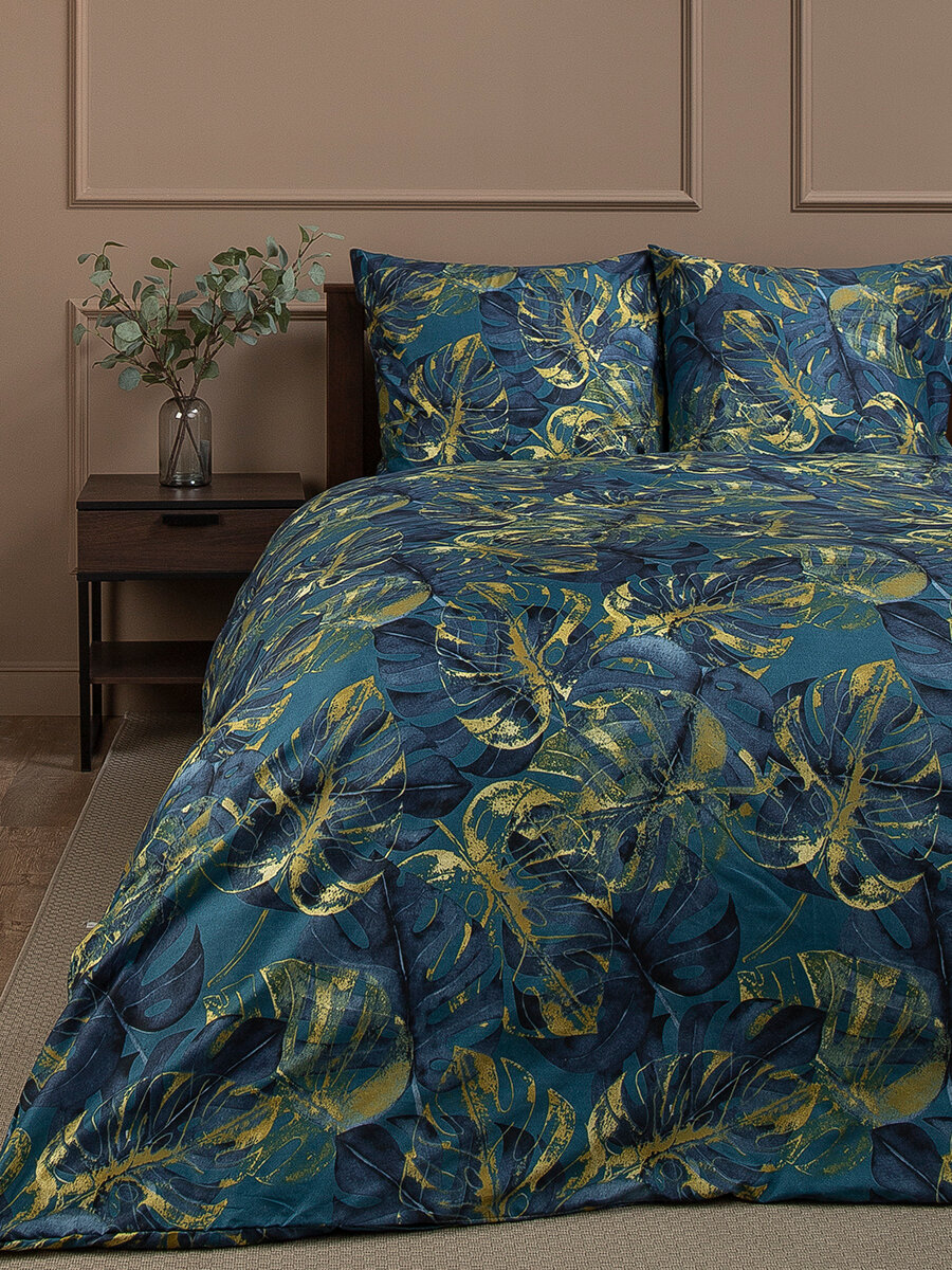 фото Комплект постельного белья Amore Mio серия Мако-сатин, размер 1,5-спальный, Микрофибра, 2 наволочки 70х70, разноцветный Синий, хаки с принтом Растения, листья