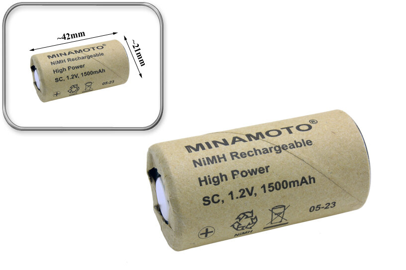 Аккумуляторная батарея (АКБ, элемент питания) типа SC, 1.2V, 1500mAh, Ni-MH, 1шт, промышленный, Minamoto, для дрелей, роботов пылесосов и др. техники.