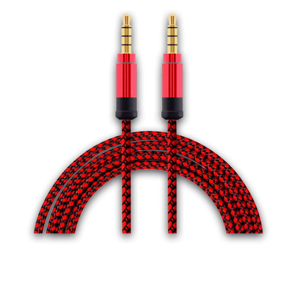 фото Кабель соединительный 3.5 Jack (M) - 3.5 Jack (M) тканевая оплетка, черно-красный,1 м