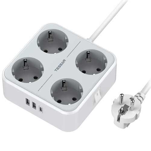 фото Сетевой фильтр TESSAN TS-302-C 4 розетки 3600 Вт + USB зарядка 2 порта до 3А + 1 порт USB-C , 1,5 м.. серый