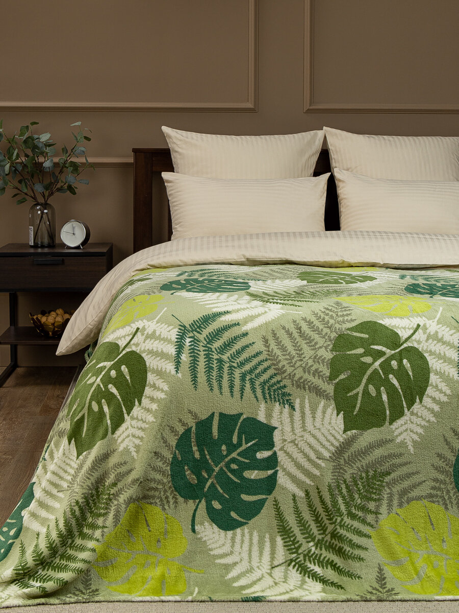 фото Плед 150х200 см TexRepublic Absolute Фланель 1,5 спальный, покрывало на диван, кресло, мягкий плюшевый, цвет Зеленый, салатовый с принтом Растения, листья