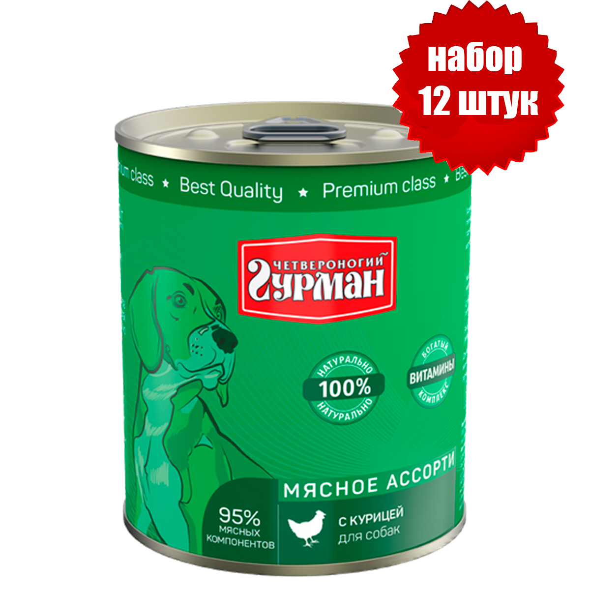 Четвероногий Гурман 49664 консервы для собак Мясное ассорти с Курицей 340г (12 штук)