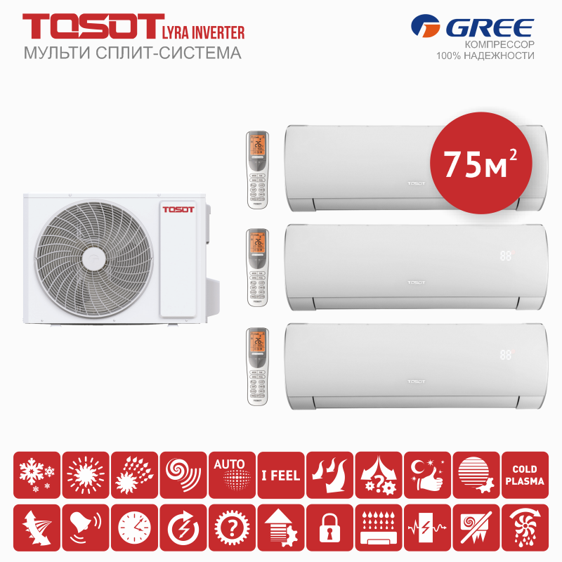 Мульти сплит-система инвертор на 3 комнаты Tosot LYRA INVERTER T24H-FMA/O + T07H-SLyRA/I*2шт. + T12H-SLyRA/I