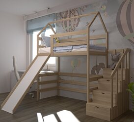 Кровать детская, подростковая "Чердак с лестницей-комодом и горкой", 180х90, натуральный цвет, из массива