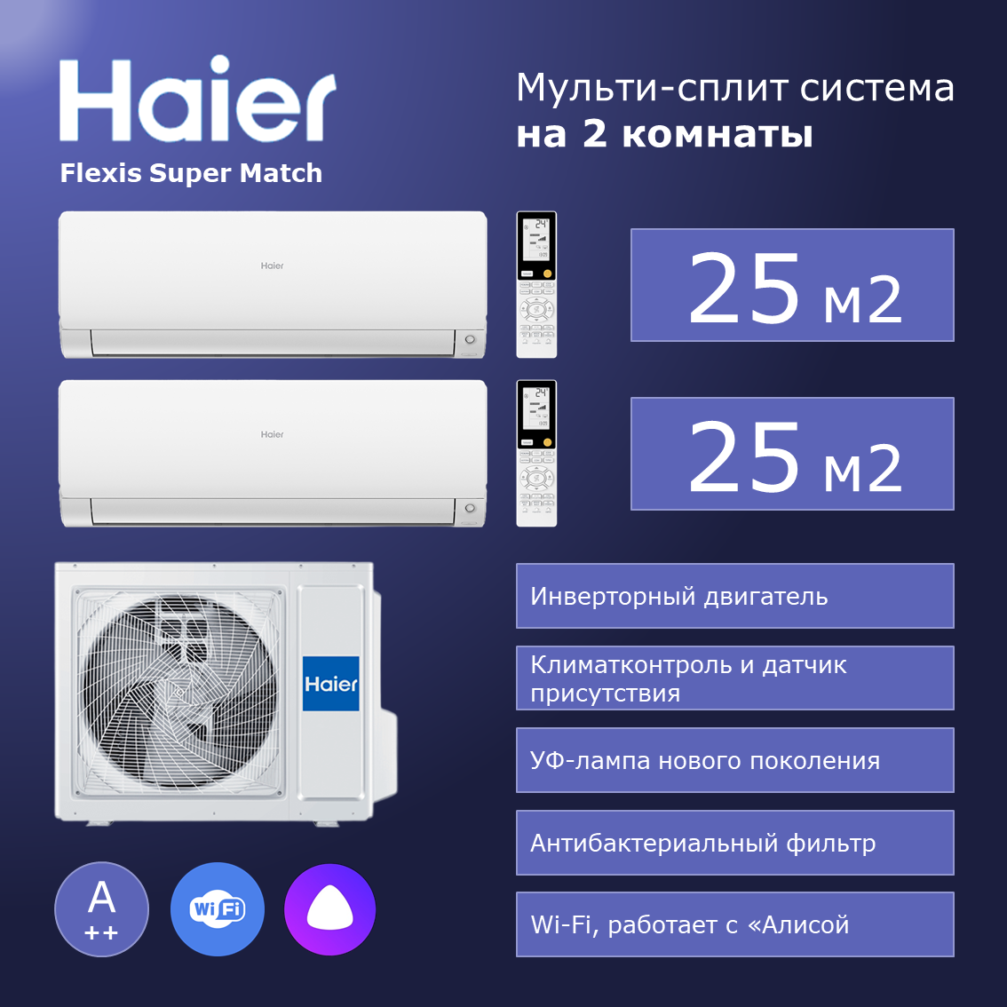 Мульти сплит система на 2 комнаты Haier AS25S2SF2FA-Bх2/2U50S2SM1FA