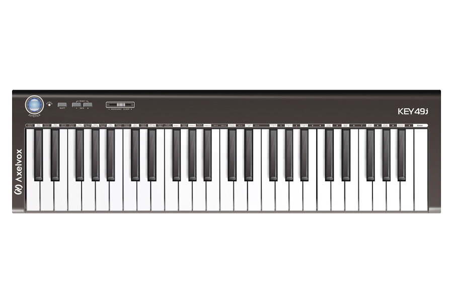 MIDI клавиатура [AX-1973K] Axelvox [KEY49j Black] 4-октавная (49 клавиш) динамическая USB, 3 кнопки, джойстик (Pitch Bend и Modulation), 1 программируемый фейдер, вход Sustain педали, выключатель питания, питание от USB. Цвет черный.