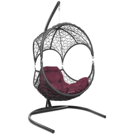 Подвесное кресло M-group орех, с ротангом серое, бордовая подушка