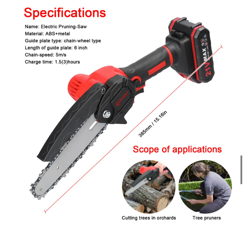 Аккумуляторная цепная пила Geevorks Electric Chain Saw , 6 дюймов, 21В - фотография № 3