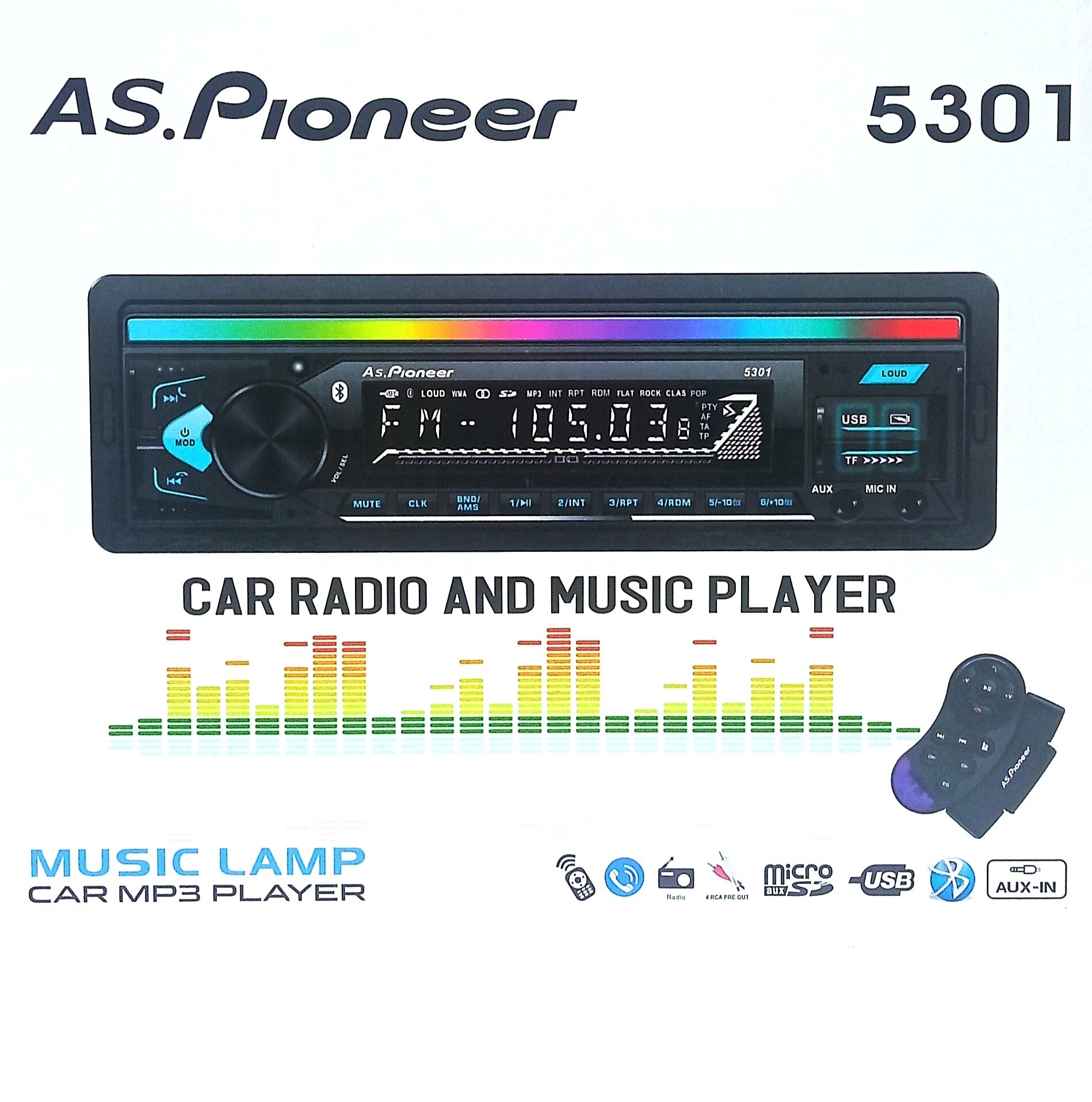 Автомагнитола AS.Pioneer 5301 Music Lamp (BT/пульт/2USB)