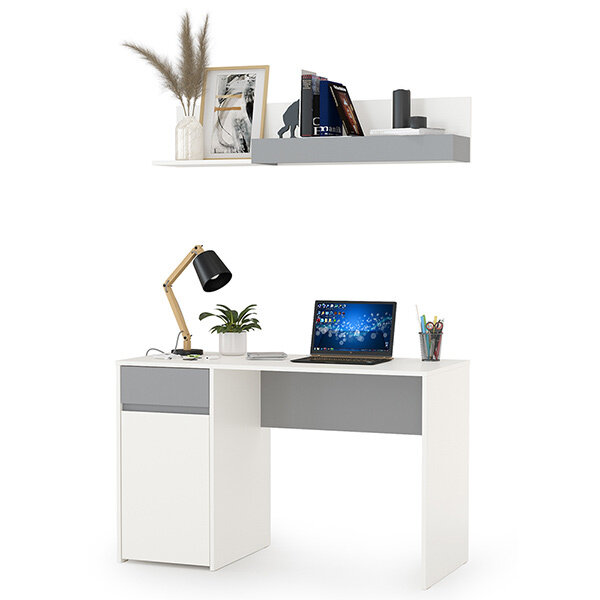 фото Торонто 12.149 Стол + 16.475 Полка, цвет белый шагрень/стальной серый