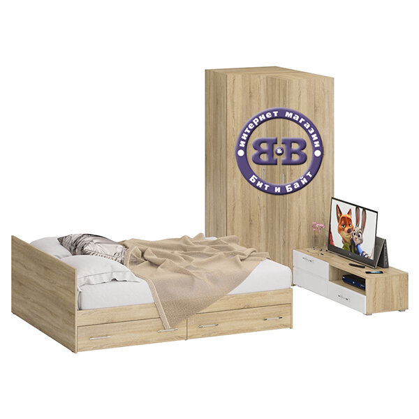 фото Спальня Стандарт 4-1600Я, цвет дуб сонома/фасады ТВ тумбы МДФ белый глянец, сп.м. 1600х2000 мм., без матраса, основание есть