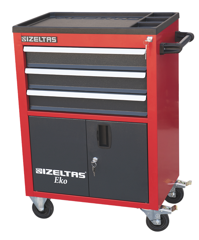 фото Тележка инструментальная серии ECO без инструментов, 3 выдвижных ящика, отделение с распашными дверцами, цвет - красно-черный, IZELTAS, 8243321003/13000002444