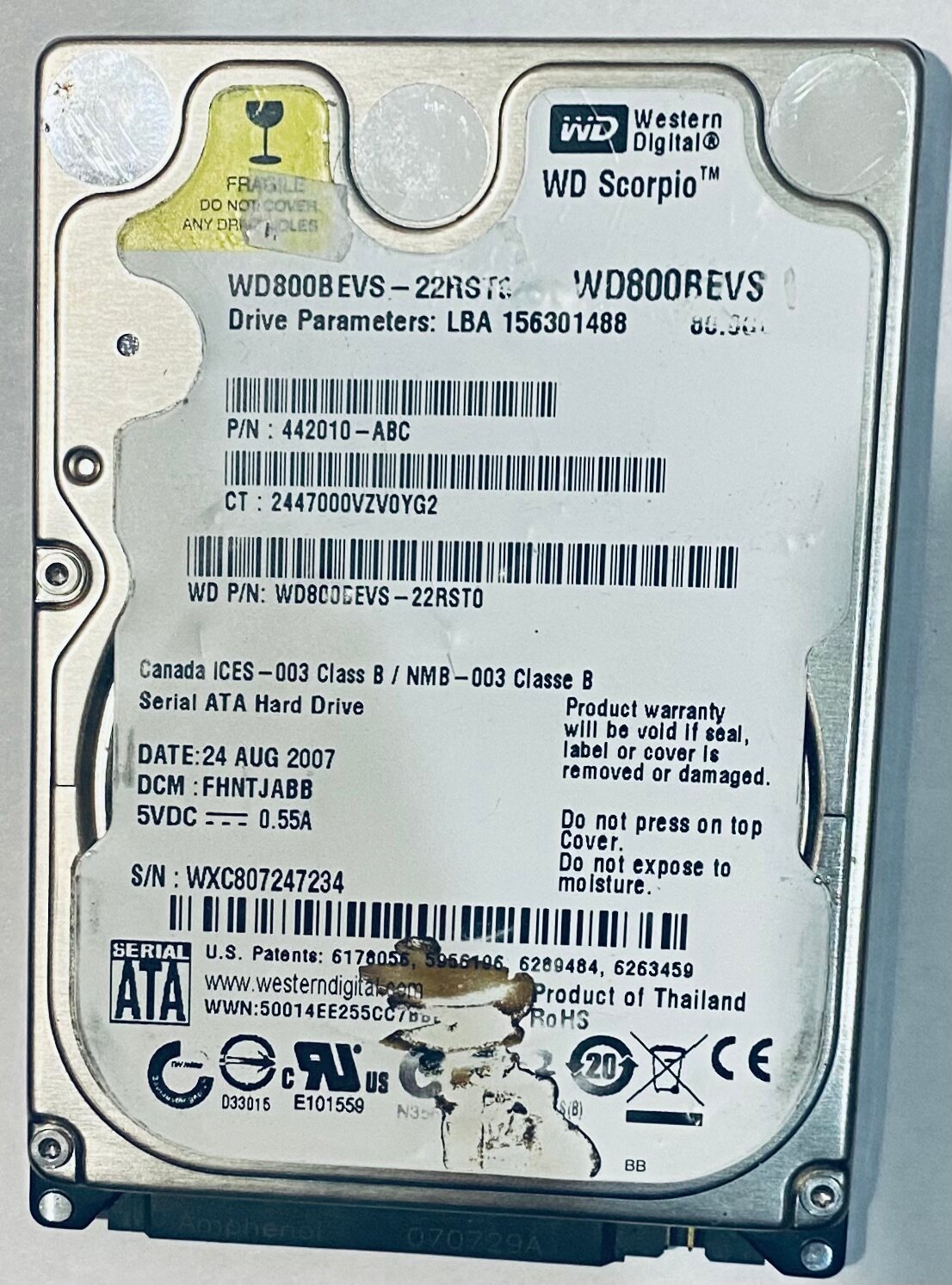 Жесткий диск 2.5" Western Digital Scorpio 80 Гб WD800BEVS-22RSTO