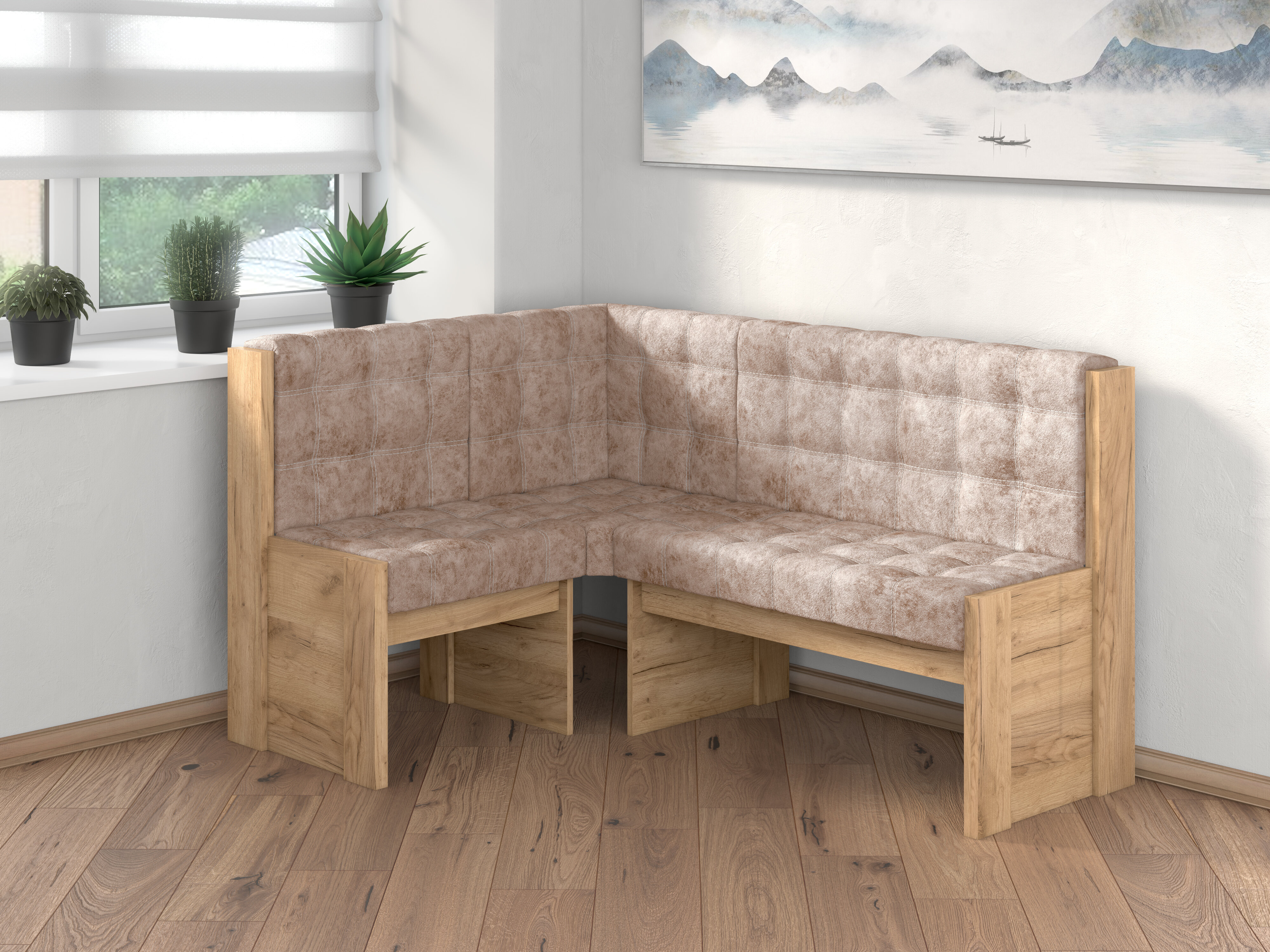 фото Скамья угловая однотон Betel Квадро ДУБ золотой крафт, велюр латте