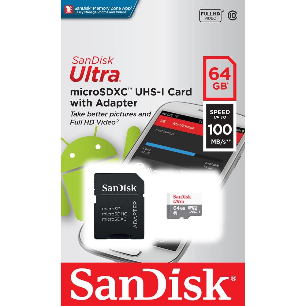 Карта памяти SanDisk microSDXC Ultra Class 10 UHS-I U1 (100/10MB/s) 64GB + ADP (SDSQUNR-064G-GN3MA)
