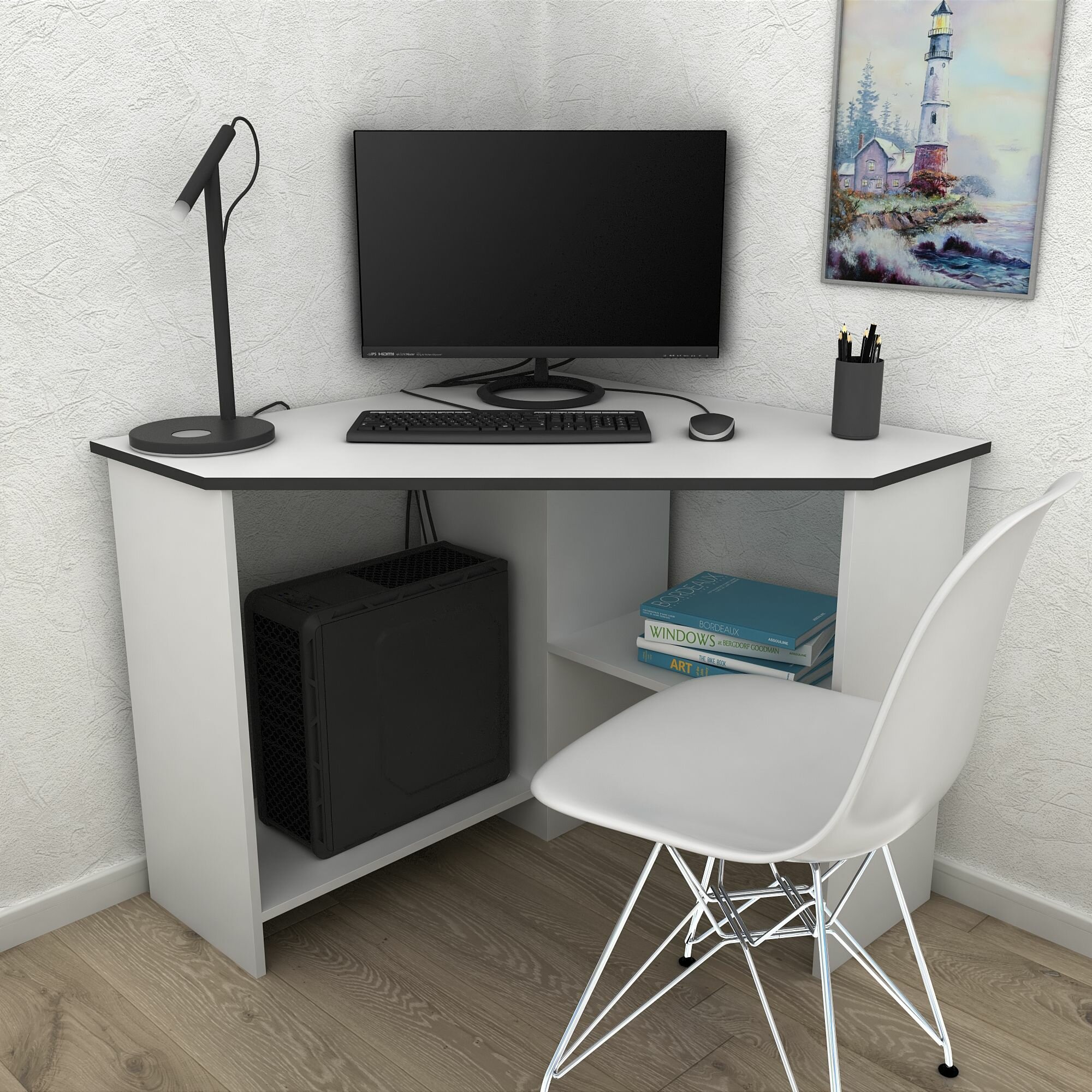 Письменный стол, компьютерный стол угловой с полками Corner 900 Белый/Черный, 90*90 см.