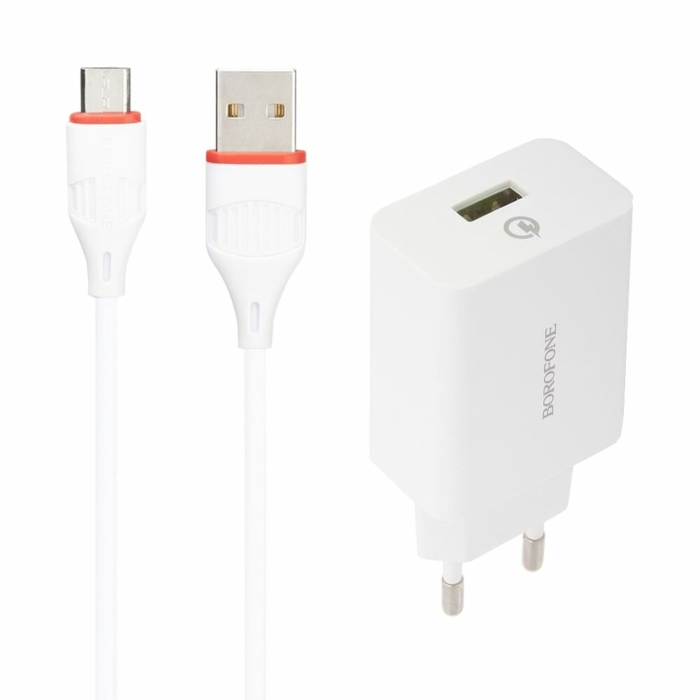 Сетевое зарядное устройство Borofone BA21A Long Journey + кабель microUSB, 18 Вт, белый