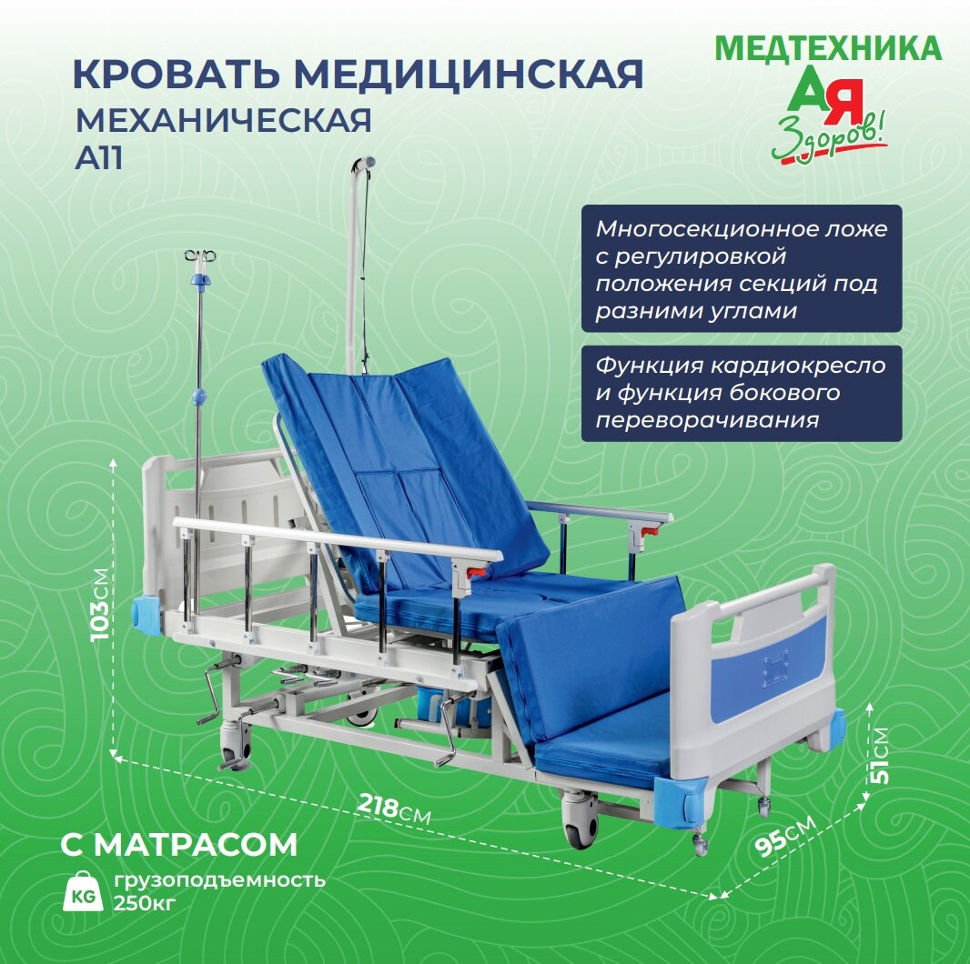 Кровать медицинская А-11 ЮкиГрупп с туалетным устройством и матрасом