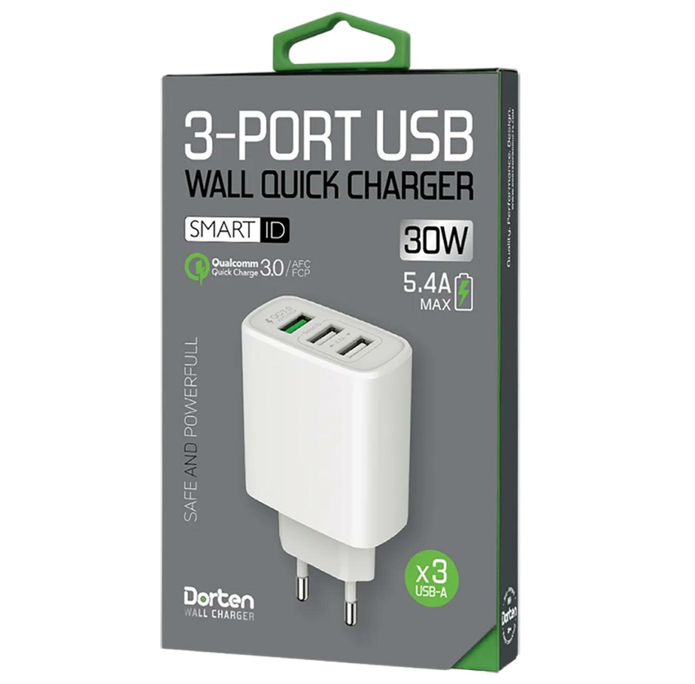 Сетевое зарядное устройство Dorten 3-Port USB Smart ID 30W Wall Quick Charger: QC3.0+2.4A White