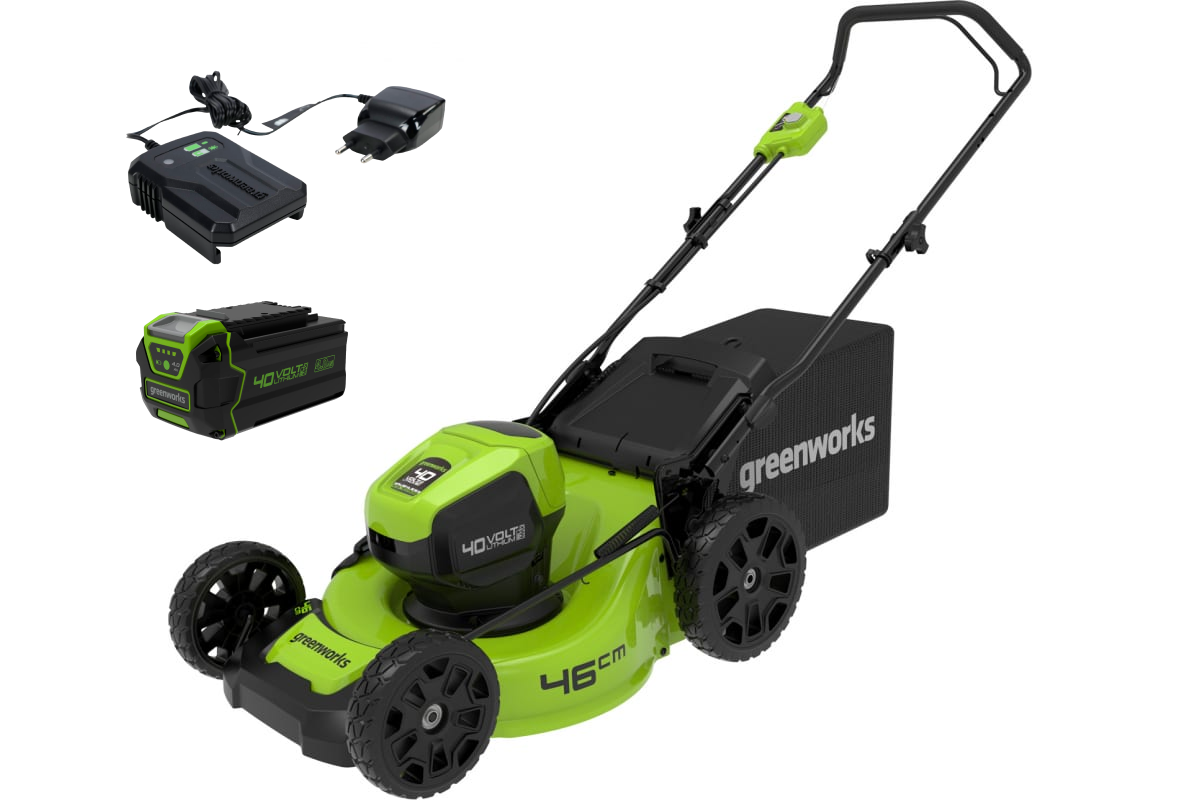 Аккумуляторная газонокосилка Greenworks 2514407UB GD40LM46HP 4 А·ч с АКБ и ЗУ 46 см