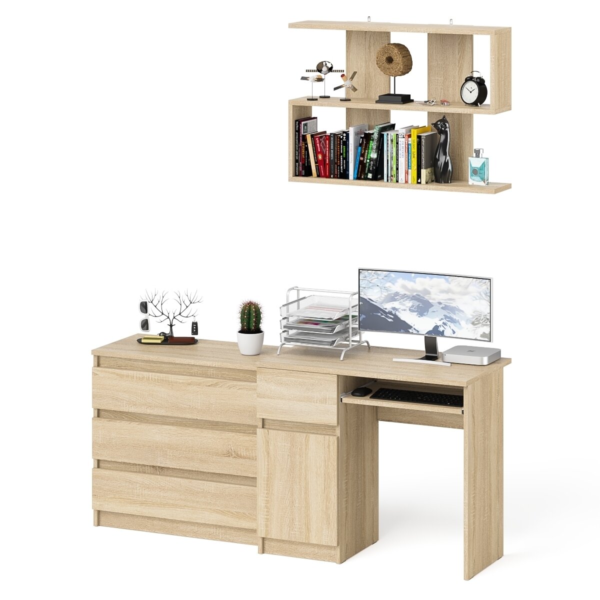 фото Стол компьютерный Мори МС-1 левый + Комод МК800.1 + Полка 900, цвет дуб сонома