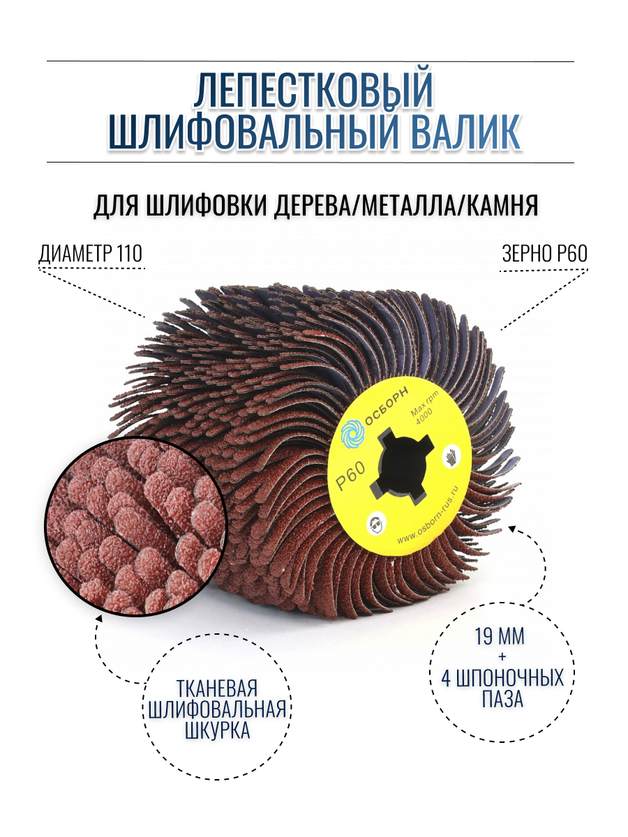 Лепестковый шлифовальный валик Д110 гибкий абразивная ткань P60 на щеточные шлифмашины осборн (код 6-051)