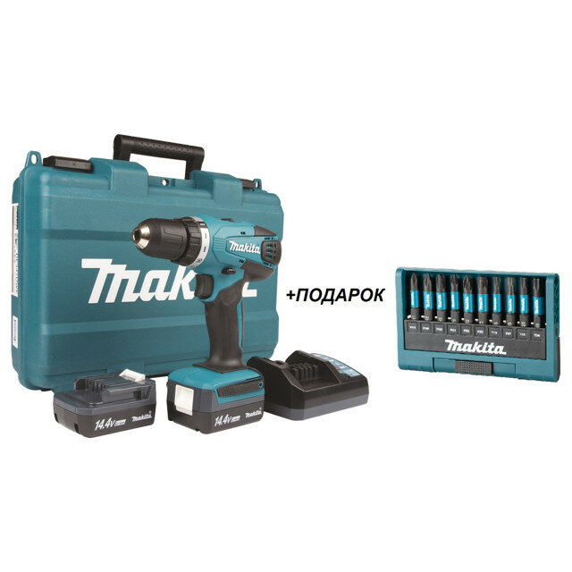 Дрель-шуруповерт makita df347dwe li-ion 14,4в 2акб с набором бит makita impact black 50мм 10шт