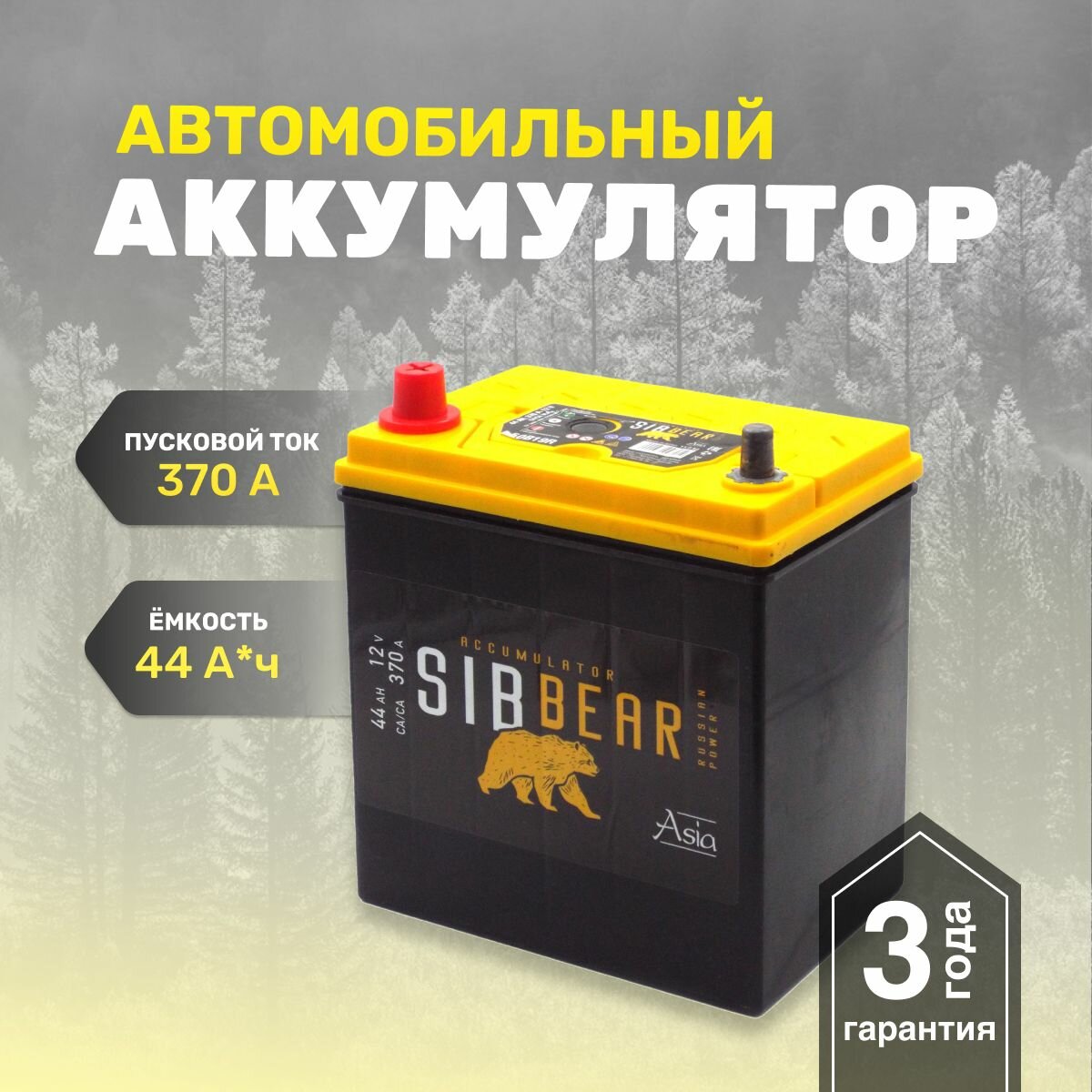 Аккумулятор автомобильный SIBBEAR ASIA 50B19R 44 А*ч п. п 187х125х225 Прямая полярность.