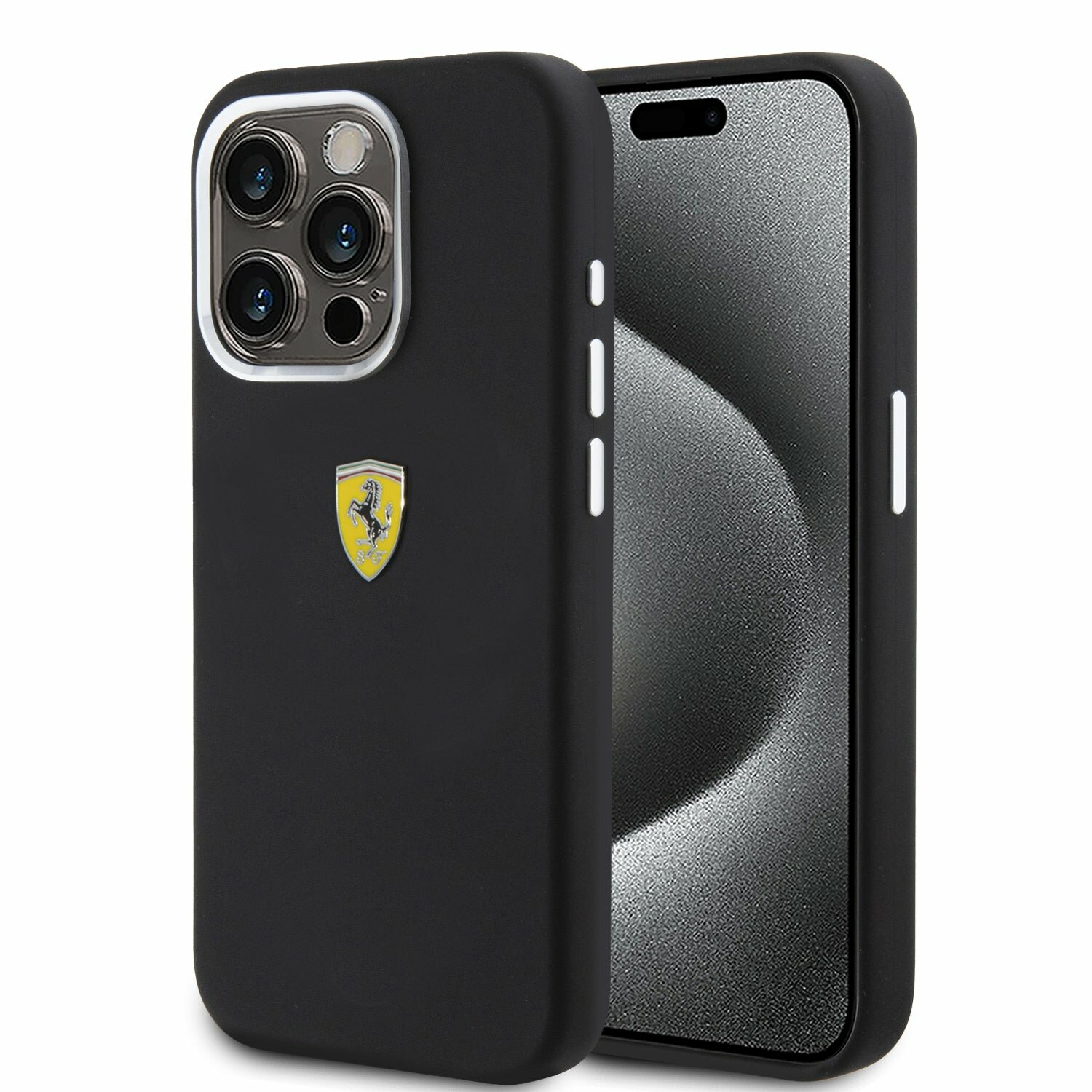 Ferrari для iPhone 15 Pro чехол Liquid silicone with metal logo Hard Black