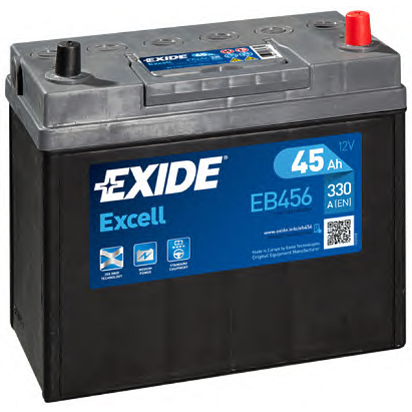 EXIDE EB456 (45AH / EB454 / EB456) аккумулятор excell 12v 45ah 300a 234х127х220 полярность etn0 клемы jis крепление