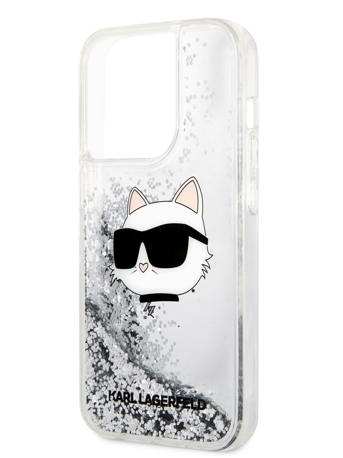 Lagerfeld для iPhone 15 Pro чехол Liquid Glitter NFT Choupette head Hard Silver