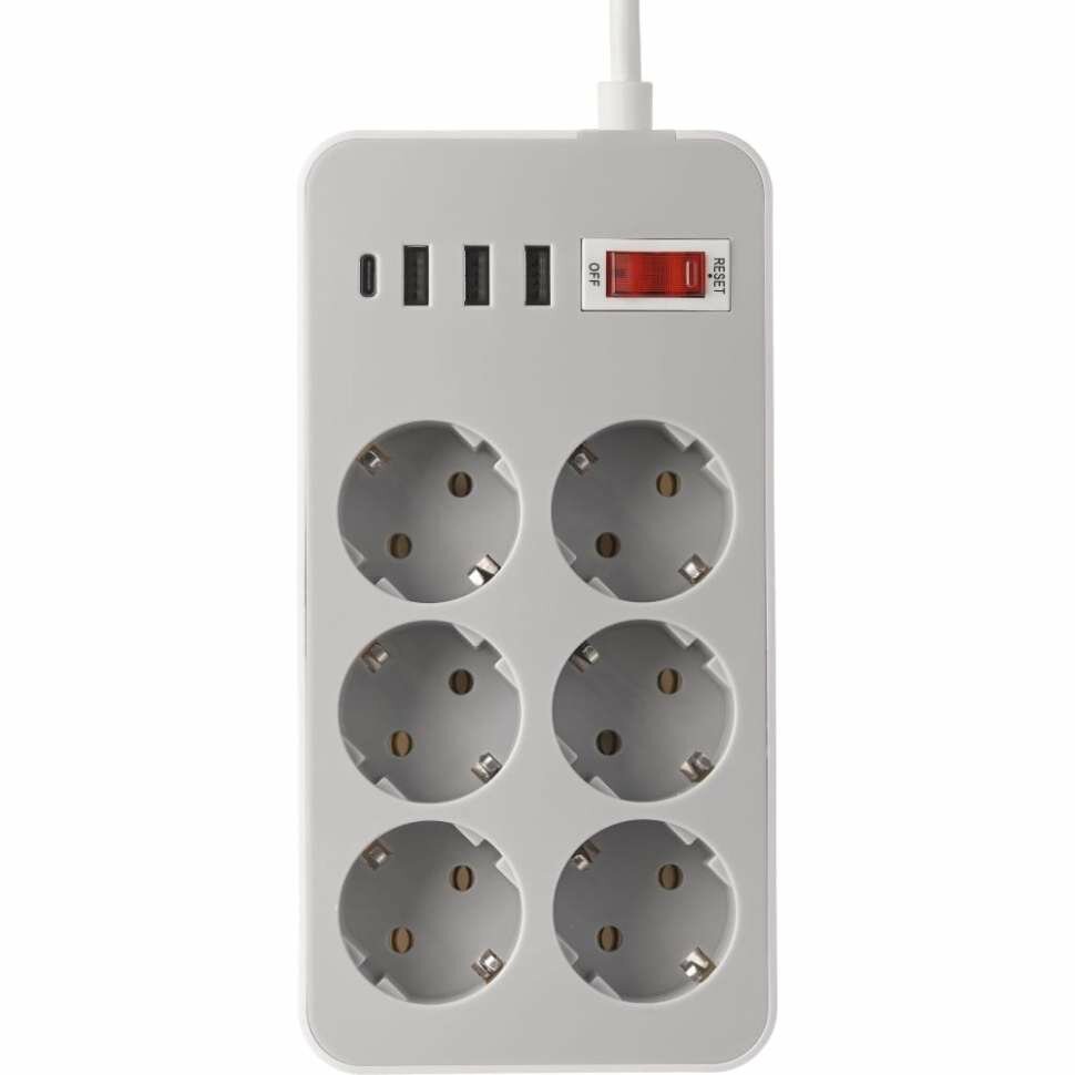 фото Удлинитель idealim сетевой фильтр электрический с USB и Type-C MultiAdapter-6r-3usb-1typeC-1,6М-gray