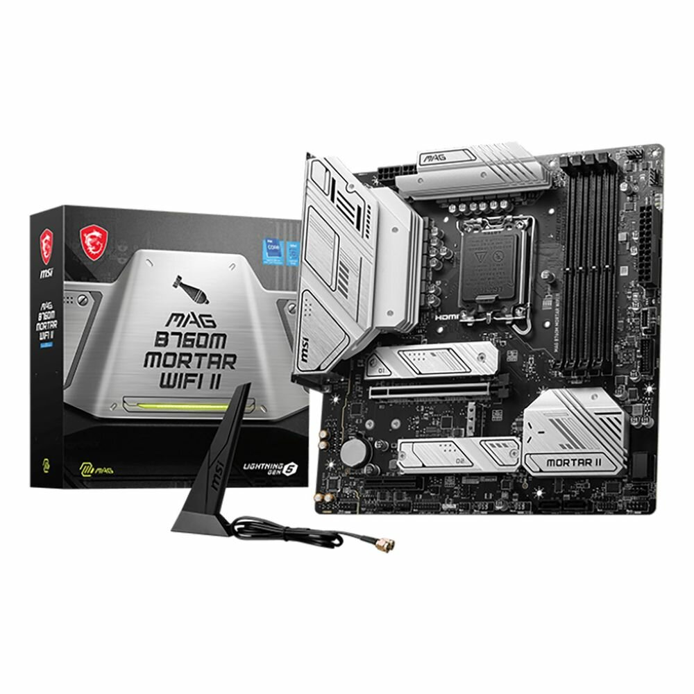 MSI Материнская плата MSI MAG B760M MORTAR WIFI II mATX LGA1700 4DDR5 PCI-Ex16 PCI-Ex4 3M.2 4SATA3 USB3.2 Gen2x2 Wi-Fi 6E 25G Ethernet MAG B760M MORTAR WIFI II