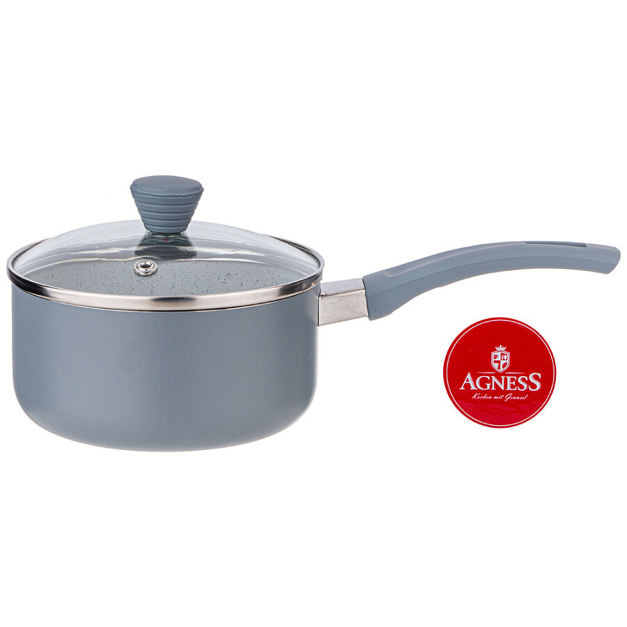 фото Ковшик agness Арктик антип. покр. ручка soft touch и стекл. крышкой 1000 мл 14*7 см