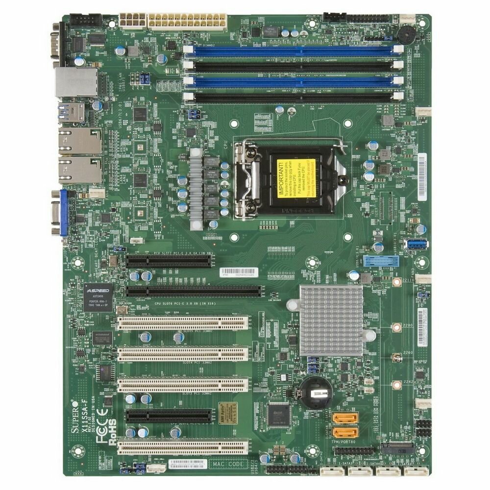 SuperMicro MBD-X11SSA-F Single socket H4 (LGA 1151) supports Intel® Xeon® processor E3-1200 v6/v5 Intel® 7th/6th Gen. Core™ i3 series Intel® Celeron® and Intel® Pentium® I/O Cables CBL-0044L – 2 шт. I/O Shield MCP-260-00042-0N – 1 шт. MBD-X11SSA-F-B
