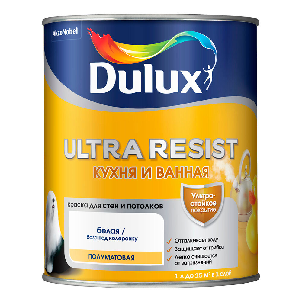 Краска моющаяся Dulux Ultra Resist кухня и ванная база BW белая 1 л