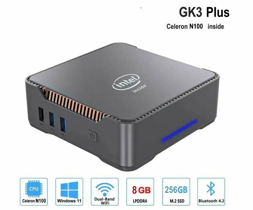 Мини ПК GK3V Plus Windows 11 Pro (Intel N100 DDR4 8Гб SSD M2 256 Гб Wifi 2.4/5Ггц BT4.2)