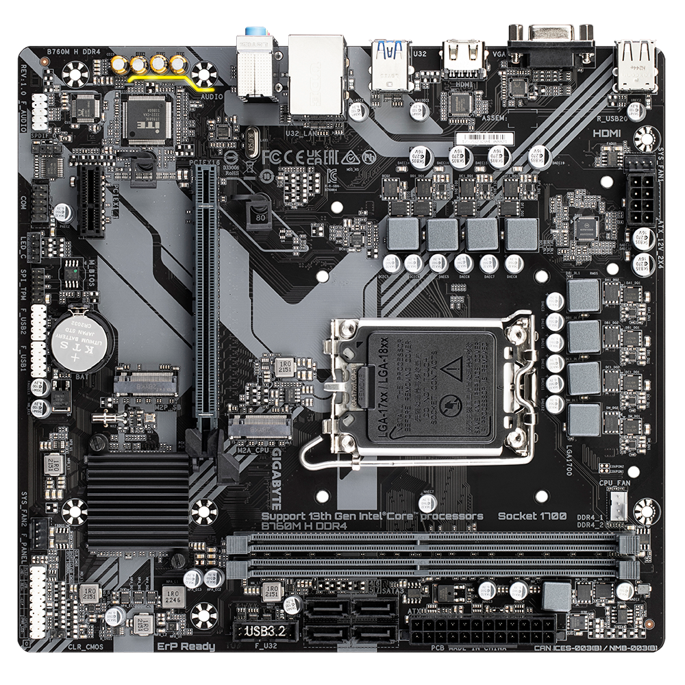 GIGABYTE Материнская плата Socket1700 GIGABYTE B760M H DDR4 (iB760, 2xDDR4, M.2, SATA III, RAID, PCI-E, D-Sub, HDMI, 1Гбит LAN, USB3.2, mATX) (ret)